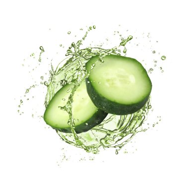 Salatalık dilimleri ve beyaz arka plana sıçrama