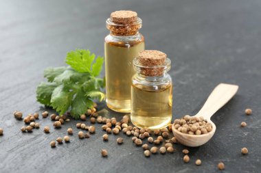 Şişelerdeki Aromatik yağ, kişniş yaprakları ve koyu dokulu masada kişniş tohumları, yakın çekim