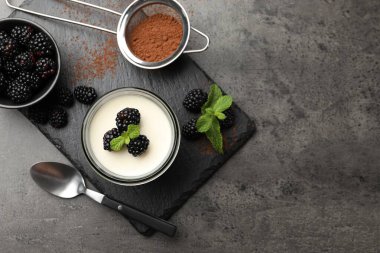 Lezzetli panna cotta böğürtlenli, nane ve kakao tozu gri masada, düz yerde. Metin için boşluk