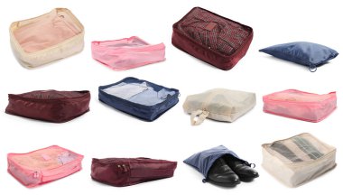 Giysileri ve ayakkabıları beyaz ve sete izole edilmiş küp paketleme