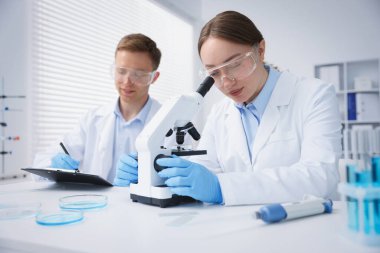 Tıbbi analiz. Laboratuvarda mikroskopla çalışan bilim adamları