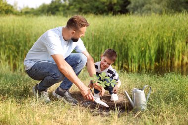 Baba ve oğlu dışarıda toprağa ağaç dikiyorlar.