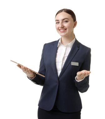 Hostess in uniform with tablet on white background
