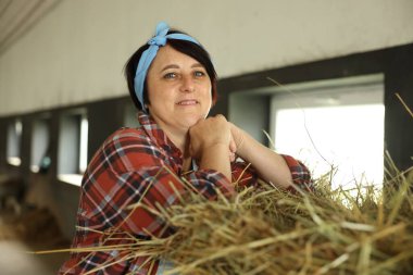 Süt çiftliğinde samanlı çiftçi portresi