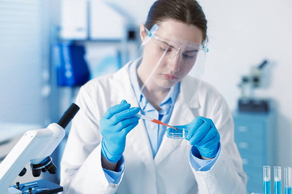 Scientist working with sample in Petri dish in laboratory, selective focus