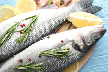 Mavi ahşap masada baharatlı taze çiğ deniz kabuğu, yakın plan. Balık ve deniz ürünleri lezzetleri