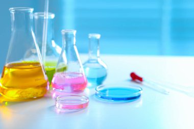 Işık masasında farklı numuneler bulunan laboratuvar camları, yakın plan. Metin için boşluk