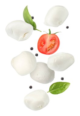 Mozzarella topları, domates ve fesleğen yaprakları beyaz arka plana düşüyor