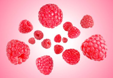 Pembe eğimli arka planda havada dönen taze ahududu.