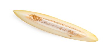 Taze olgun kavun dilimleri beyaza izole edilmiş, üst manzara.