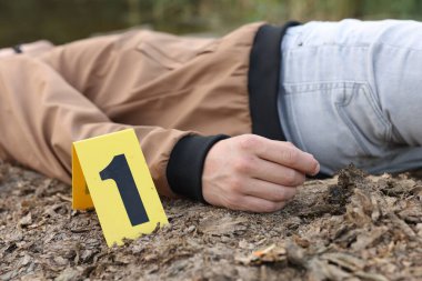 Adli tıp uzmanlığı. Cesedin bulunduğu suç mahalli açık havada, yakın plan.