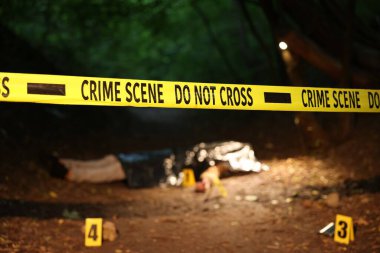 Adli tıp uzmanlığı. Cesedin bulunduğu suç mahalli ve dışarıdaki işaretler, polis bandına odaklan.