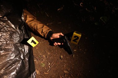 Adli tıp uzmanlığı. Cesedin bulunduğu suç mahalli, kanıt ve işaretler dışarıda, manzaranın üstünde.