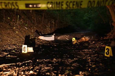 Adli tıp uzmanlığı. Cesedin bulunduğu suç mahalli, kanıt, işaretleyiciler ve polis bandı dışarıda.