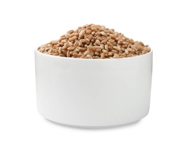 Wheat grains in bowl isolated on white