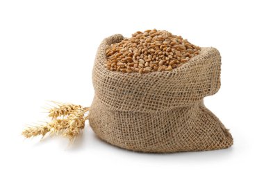 Çuvaldaki buğday taneleri ve beyaza izole edilmiş çiviler.