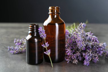 Şişelerdeki aromatik yağ ve gri desenli masadaki lavanta çiçekleri koyu arka planda, yakın plan.