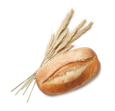 Bir somun taze ekmek ve dikenler beyaz, üst manzara izole