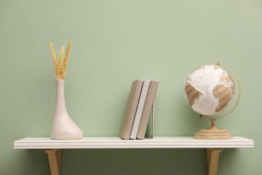 Kitaplı beyaz raf ve açık yeşil duvarlı ev dekorasyonu.