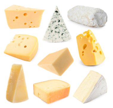 Beyazda ve sette izole edilmiş peynir çeşitleri