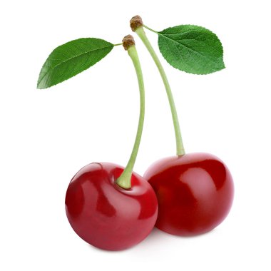 Beyaza izole edilmiş kırmızı kirazlar. Yaz meyvesi