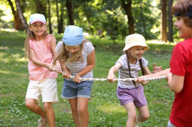 Parkta çekiştirmece oynayan sevimli küçük çocuklar.