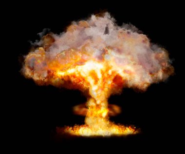 Siyah arka planda ateş ve duman patlaması. Radyoaktif tehlike