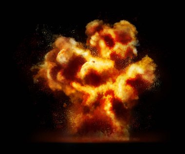 Siyah arka planda ateş ve duman patlaması. Radyoaktif tehlike