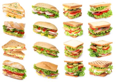 Birçok lezzetli sandviç beyaz sette izole edilmiş.