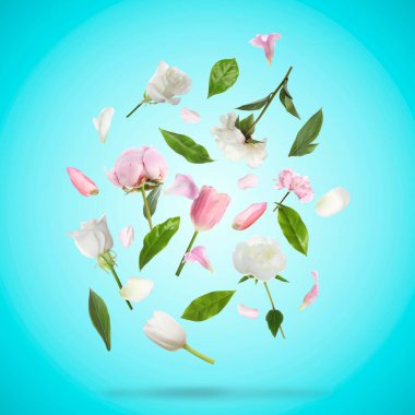 Açık mavi arka planda güzel bahar çiçekleri ve yaprakları