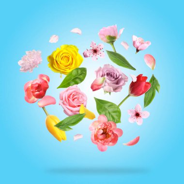 Açık mavi arka planda güzel bahar çiçekleri ve yaprakları