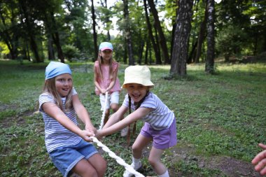 Parkta çekiştirmece oynayan sevimli küçük çocuklar.