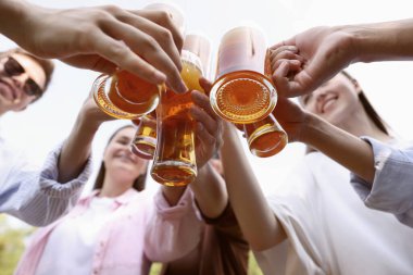 Bir grup mutlu arkadaş bardakları tokuşturuyor açık havada, alt manzara
