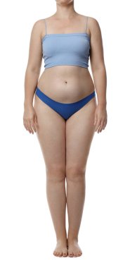 Yağ aldırma. Beyaz arka planda iç çamaşırlı kadın, yakın plan.