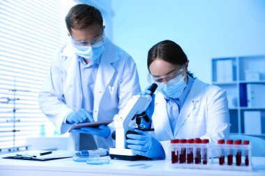 Tıbbi analiz. Laboratuvarda mikroskopla çalışan bilim adamları