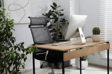 Biyofilik iç tasarım. Ofisinde bilgisayar ve ev bitkileri olan şık bir iş yeri