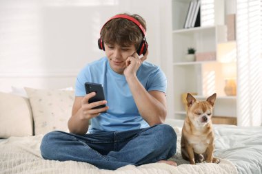 Kulaklık takan genç çocuk evde akıllı telefon ve köpek kullanıyor.