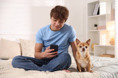 Genç çocuk evde akıllı telefon ve köpek kullanıyor.