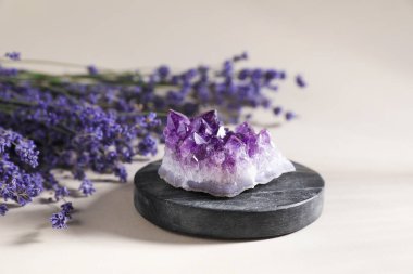 Aura. Bej arka planda güzel ametist ve lavanta çiçekleri, yakın plan