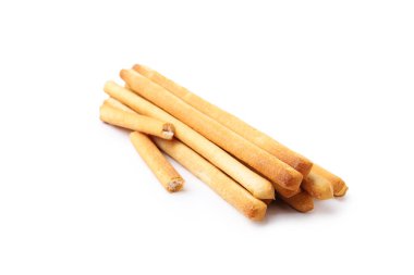 Bir sürü lezzetli Grissini çubuğu beyazda izole edilmiş