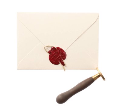 Balmumu mühür ve zarf beyaz, üst görünümde izole