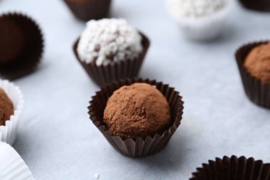 Açık gri masada kakao tozu ve hindistan cevizi taneleriyle nefis ev yapımı şekerler, yakın plan.