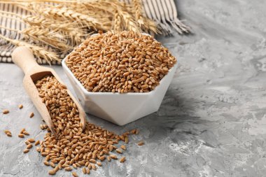 Kasede buğday taneleri, gri masada kepçeler ve çiviler, yakın plan. Metin için boşluk