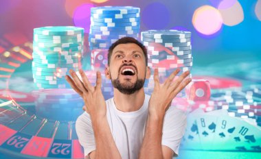 Kızgın kumarbaz, kumarhane fişleri, iskambil kağıtları ve rulet. Pankart tasarımı