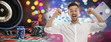 Mutlu kumarbaz, kumarhane fişleri, iskambil kağıtları ve rulet. Pankart tasarımı