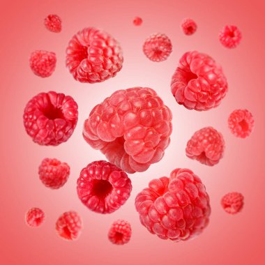 Pembe arka planda havada dönen taze ahududular.