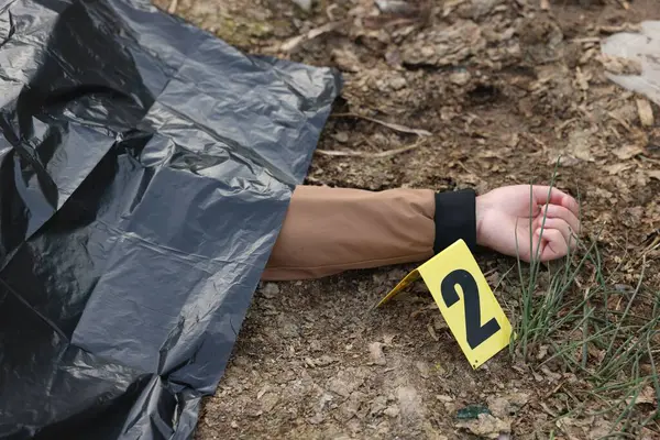 Adli tıp uzmanlığı. Cesedin bulunduğu suç mahalli açık havada, yakın plan.