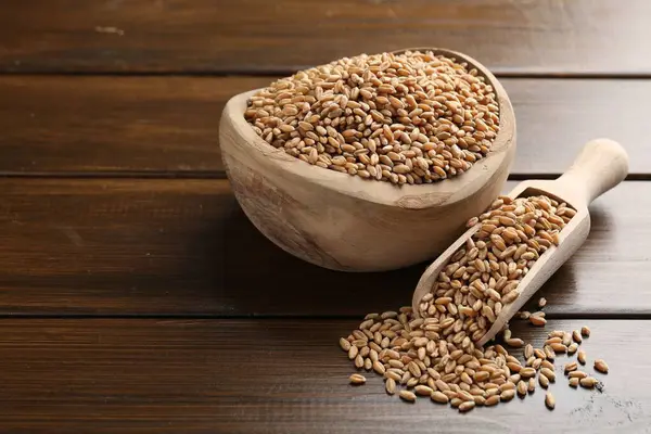 Kase içinde buğday taneleri ve ahşap masaya kepçe, yakın çekim. Metin için boşluk