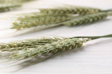 Açık ahşap masada bir sürü yeşil buğday çivisi, yakın plan.