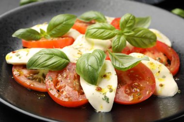 Mozarella, domates, fesleğen ve baharatlı Caprese salatası.